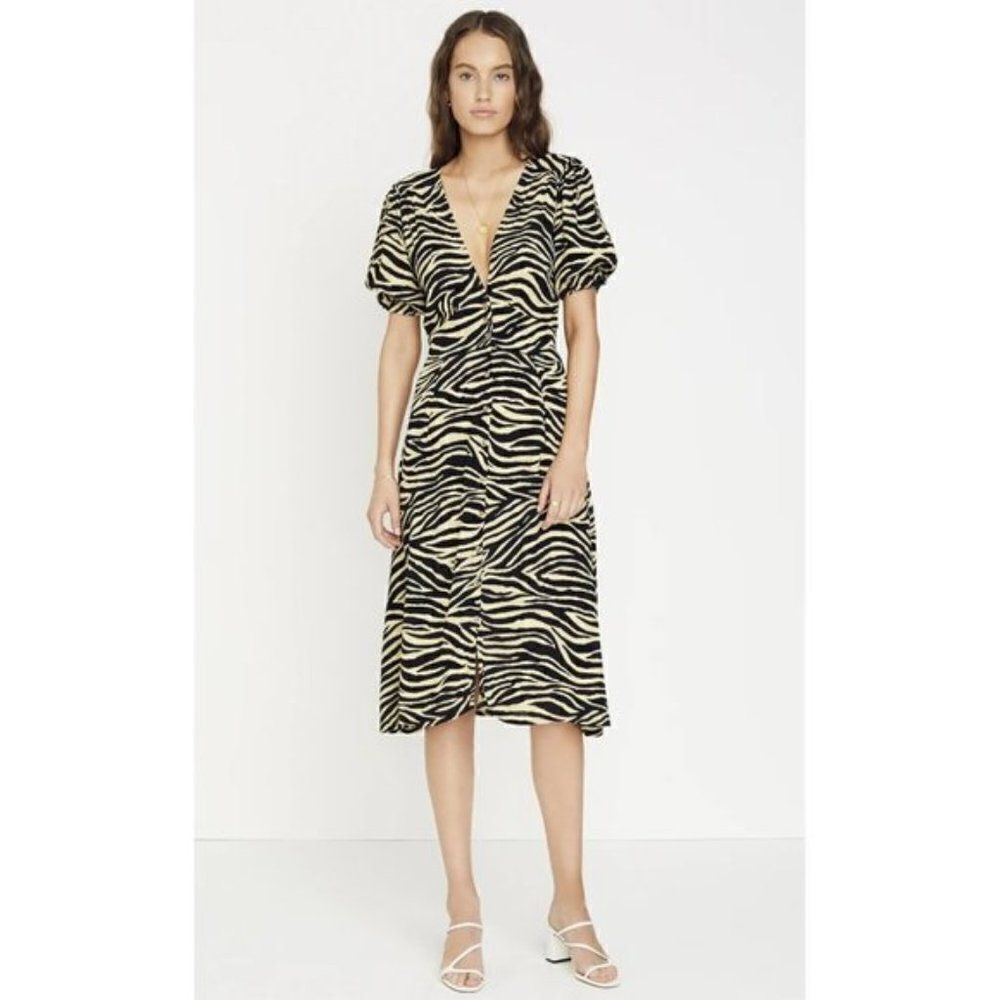 Faithfull The Brand Dress “Illia Zebra” Gold & Black Print MIDI Sz 4 Nwo…